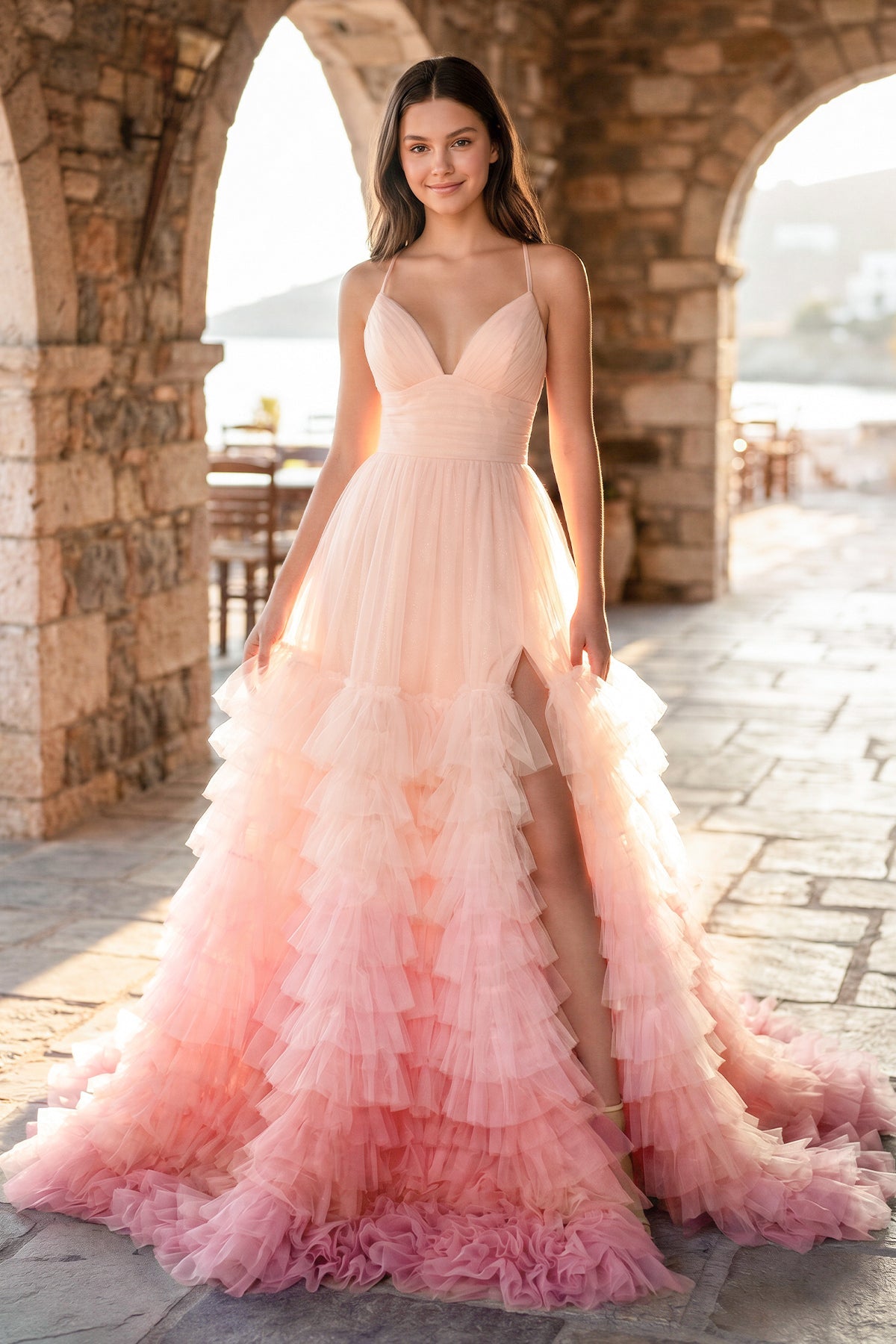 A Line Spaghetti Straps Lilac Tulle Prom Dresses with Slit