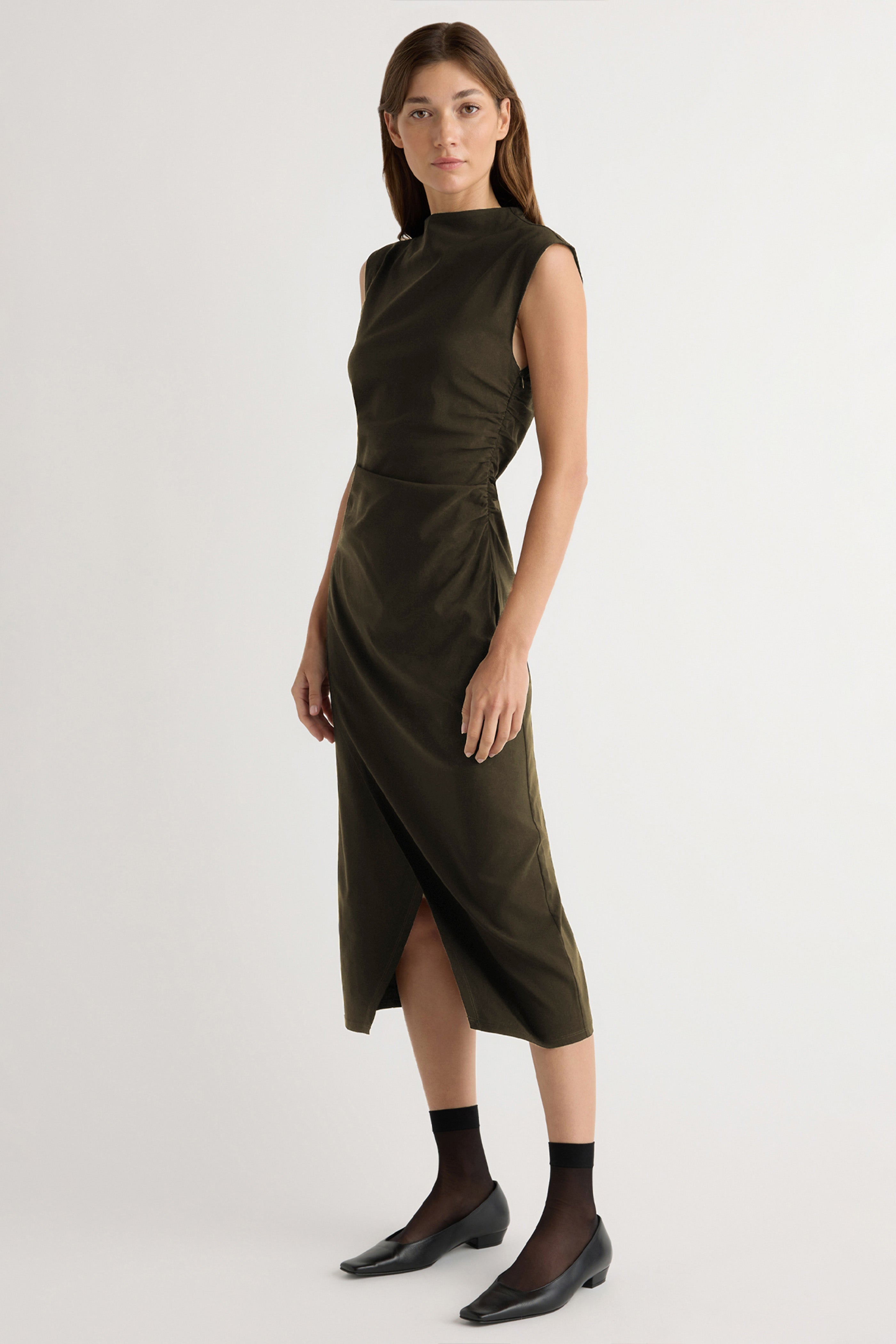 Manon Asymmetric-Neck Ruched Dress