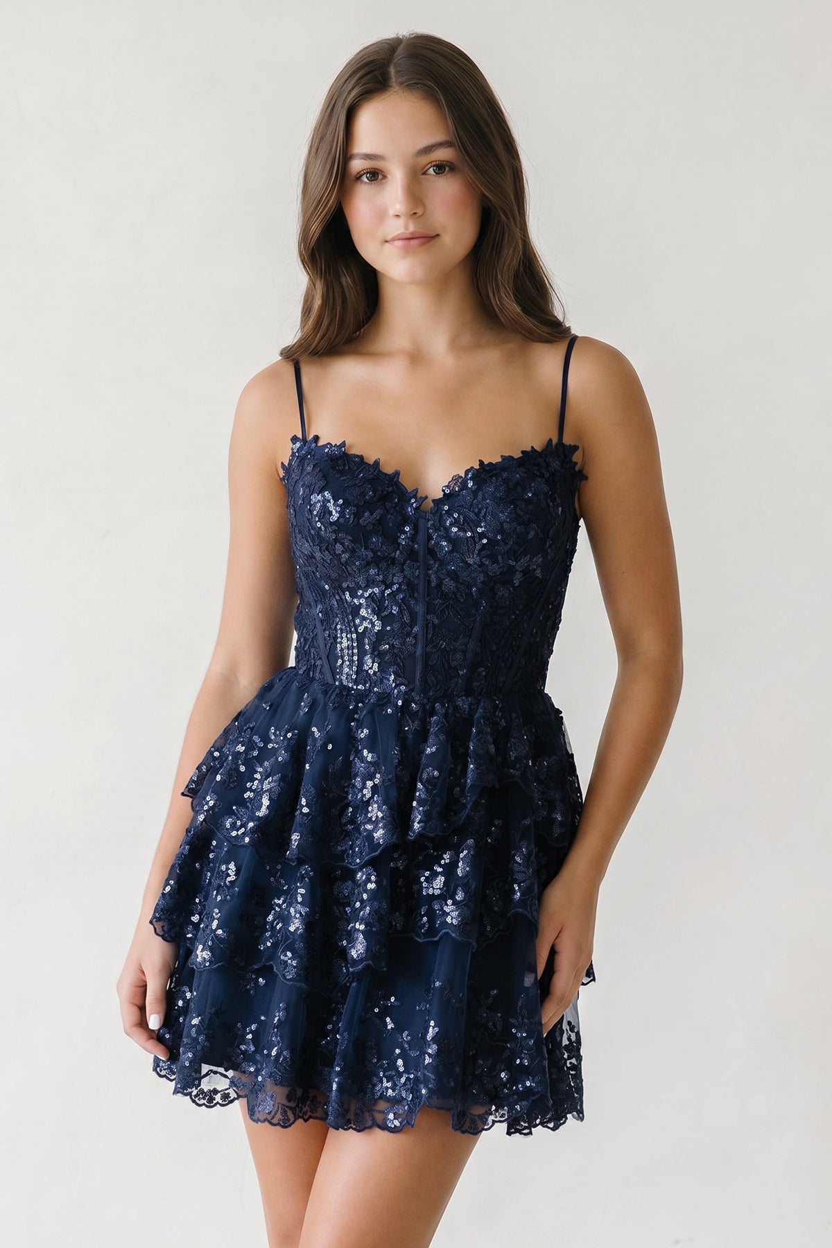 A- Line Sky Blue Sequins Multi-Layers Short Homecoming Dress