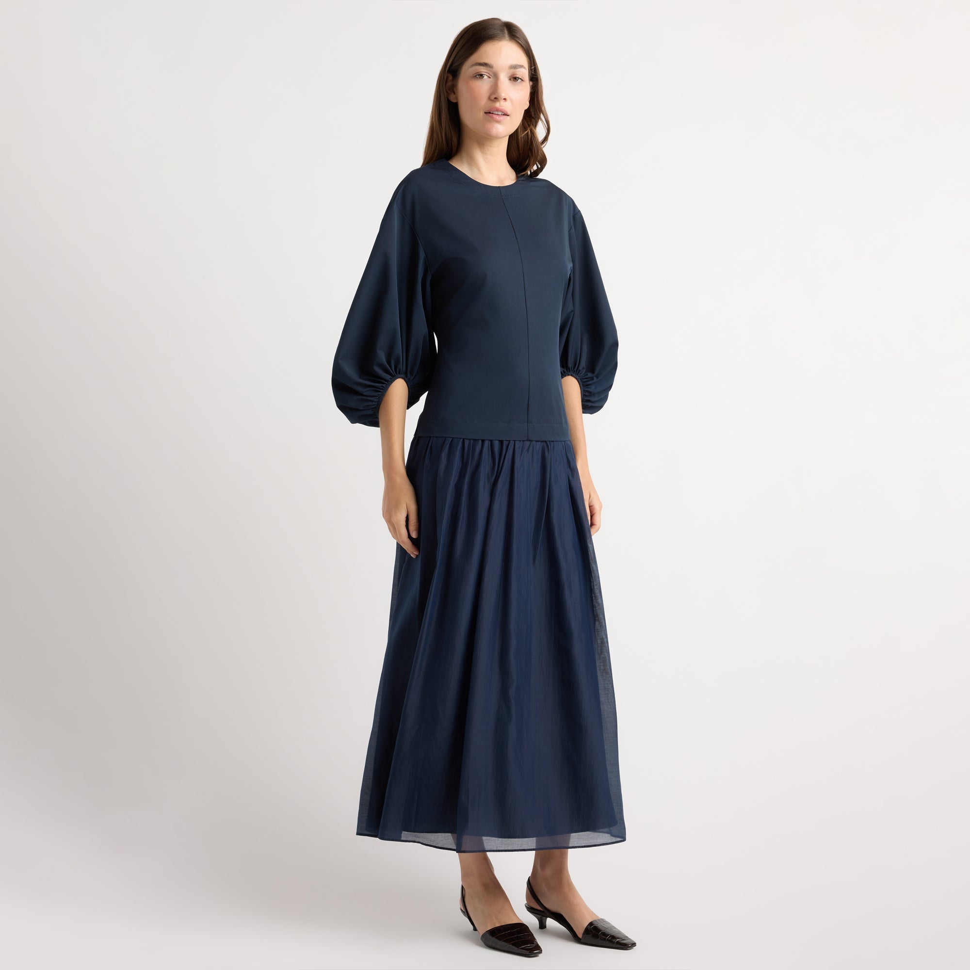 Octavia Balloon-Sleeve Shirred Dress