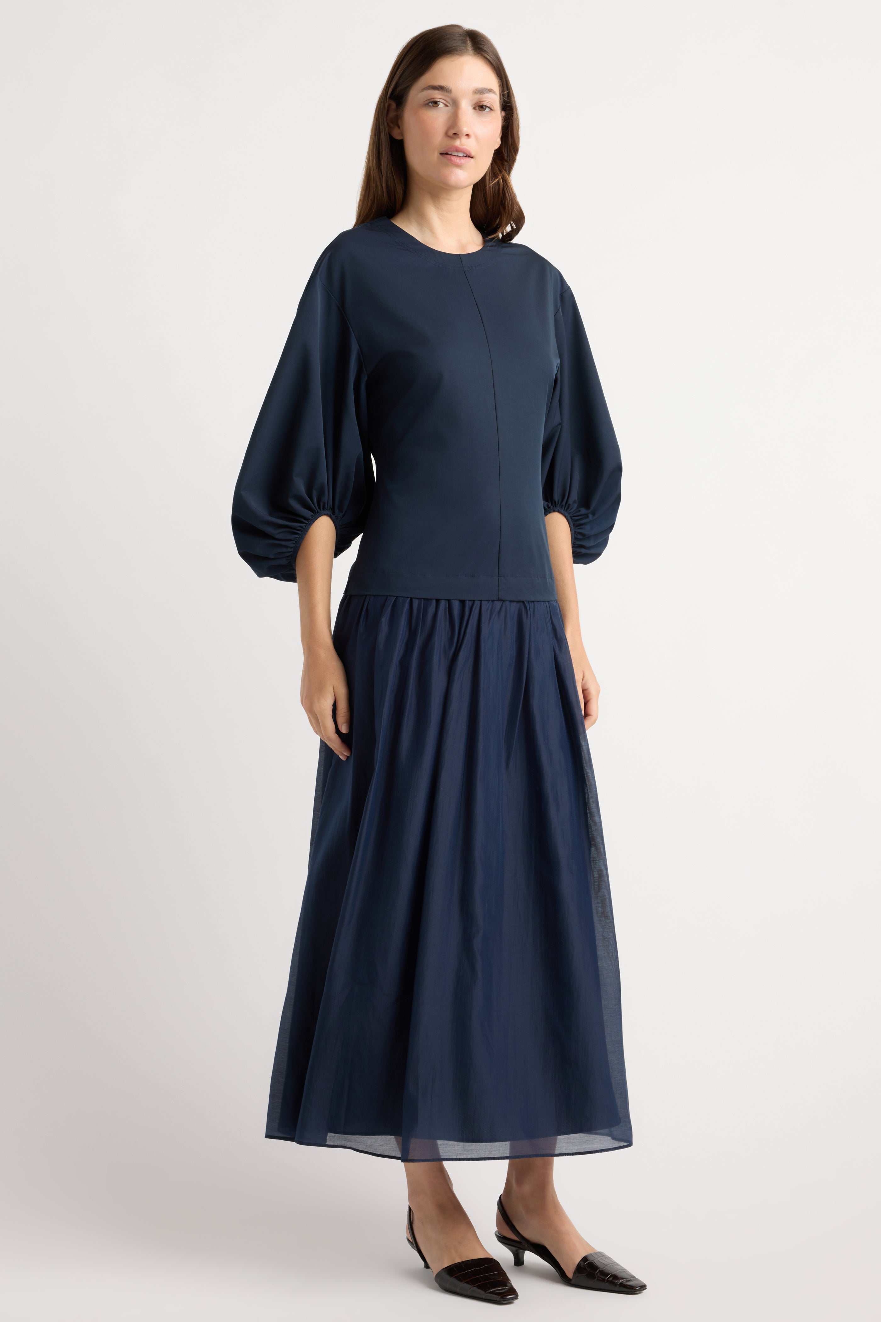 Octavia Balloon-Sleeve Shirred Dress