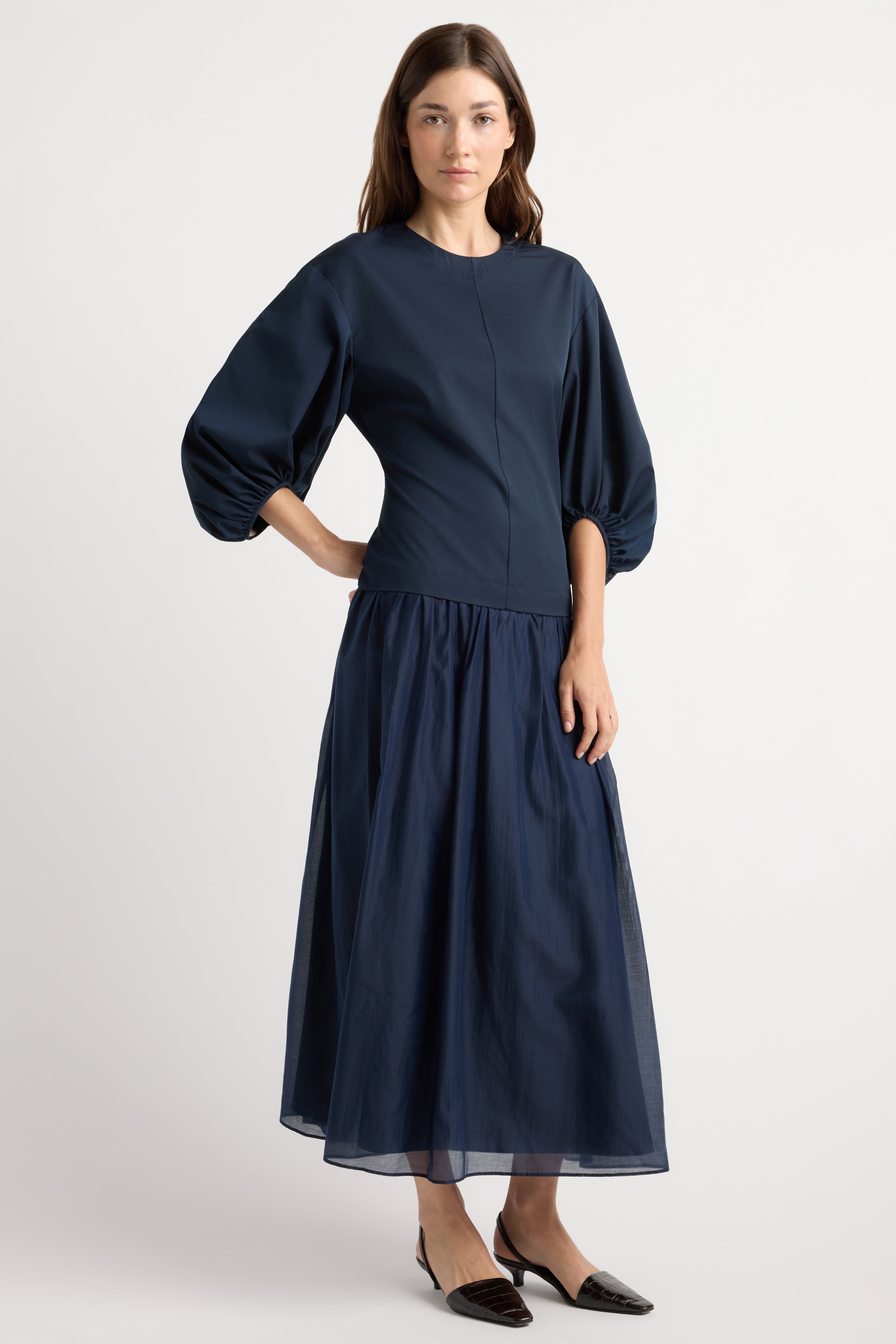Octavia Balloon-Sleeve Shirred Dress