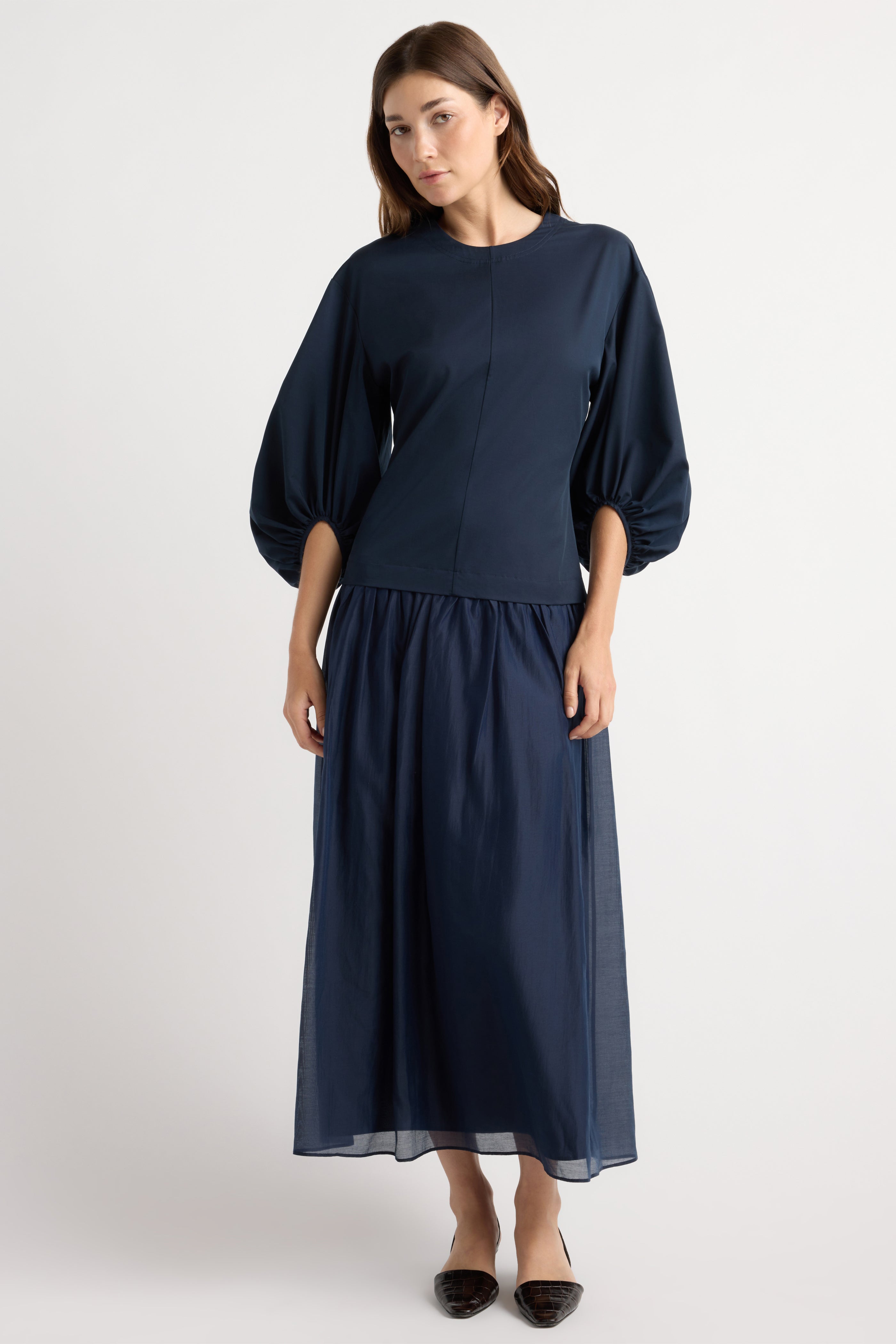 Octavia Balloon-Sleeve Shirred Dress