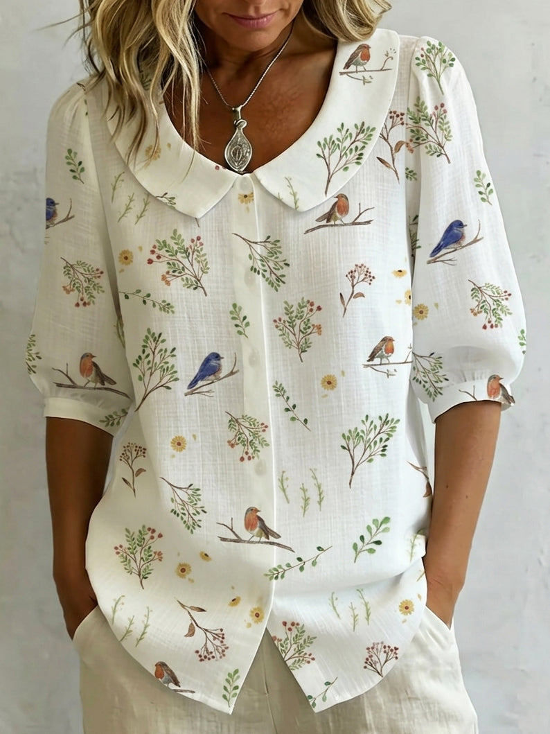 Forest Whispers Peter Pan Collar Linen-Cotton Shirt