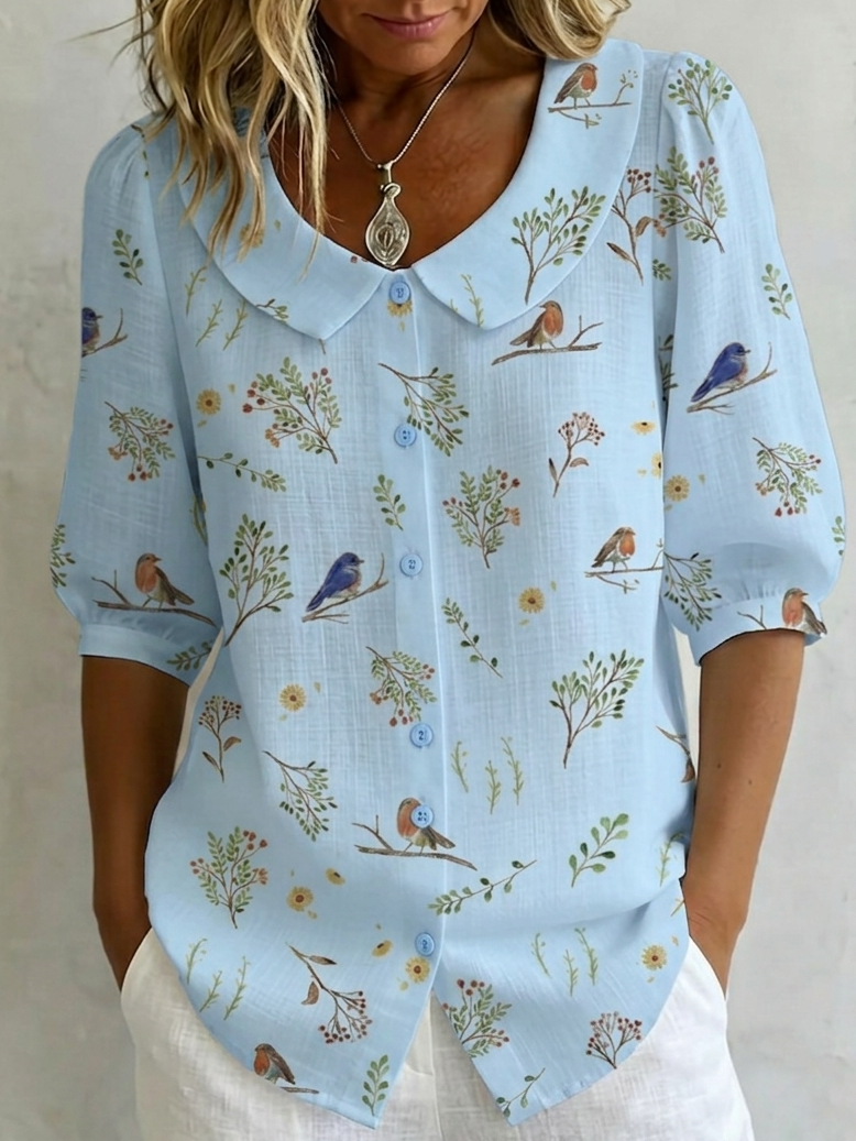 Forest Whispers Peter Pan Collar Linen-Cotton Shirt