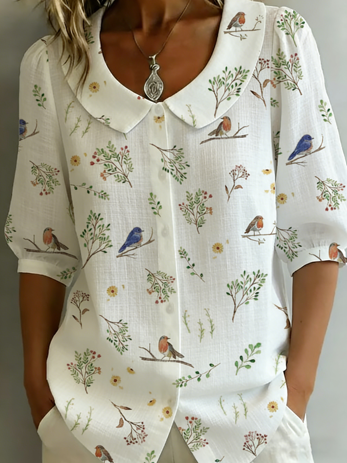 Forest Whispers Peter Pan Collar Linen-Cotton Shirt
