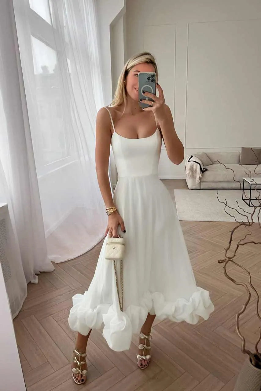 A Line Satin White Long Prom Dresses with Ruffles