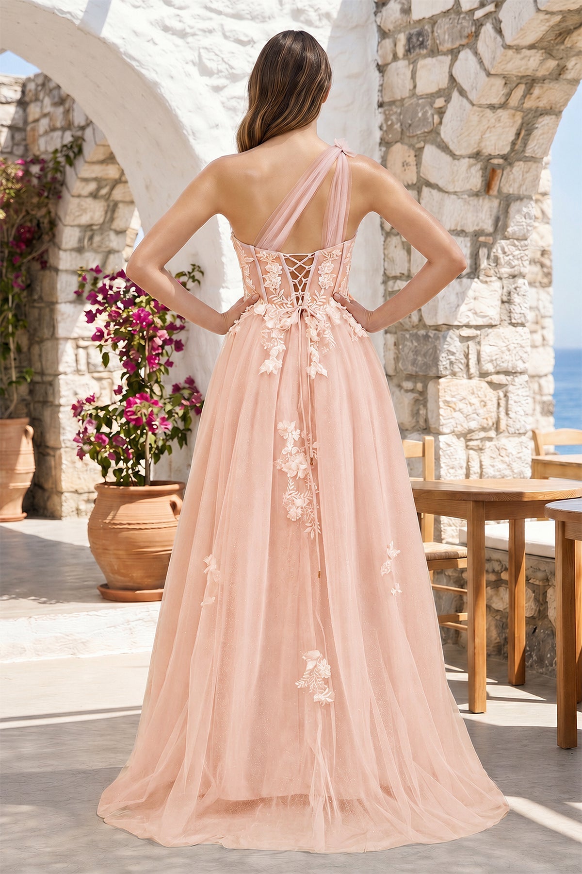 A Line One Shoulder Black Long Prom Dress with Appliques