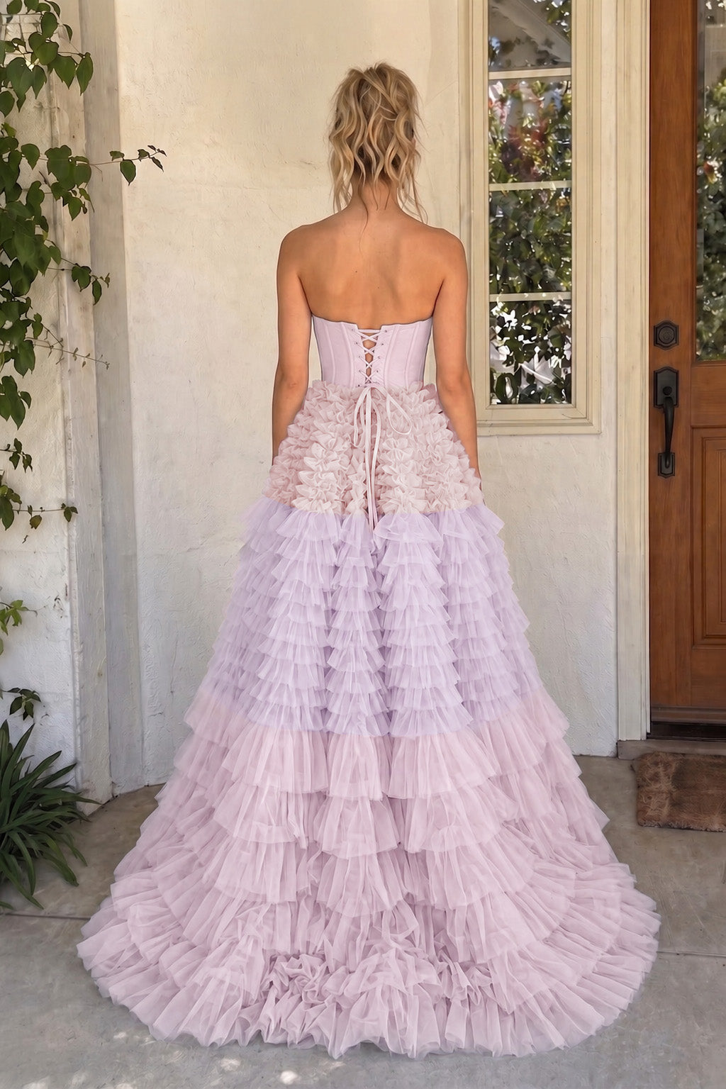 A Line Sweetheart Tiered Ruffled Tulle Long Prom Dress