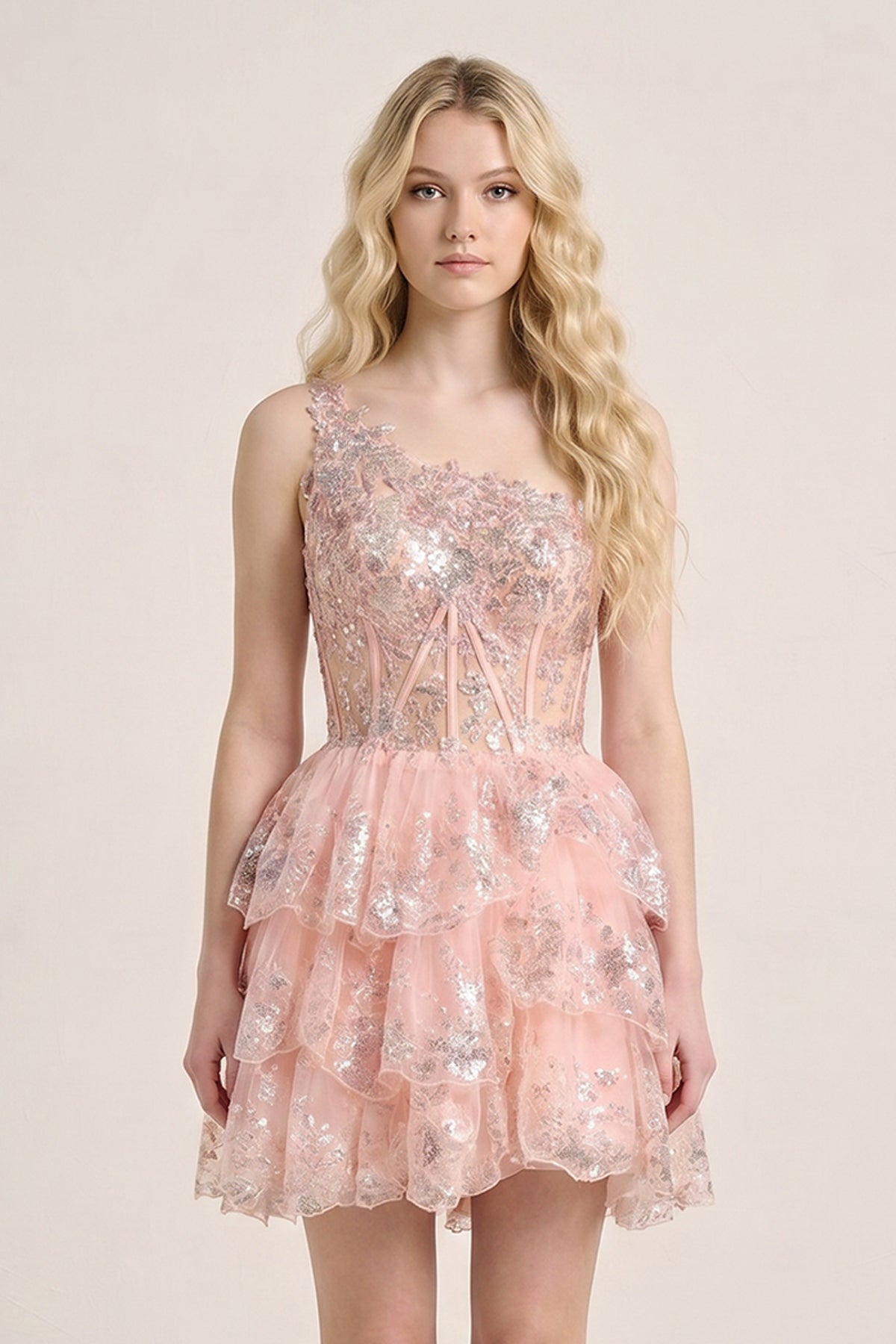 A Line One Shoulder Navy Tiered Lace Short Homecoming Dress