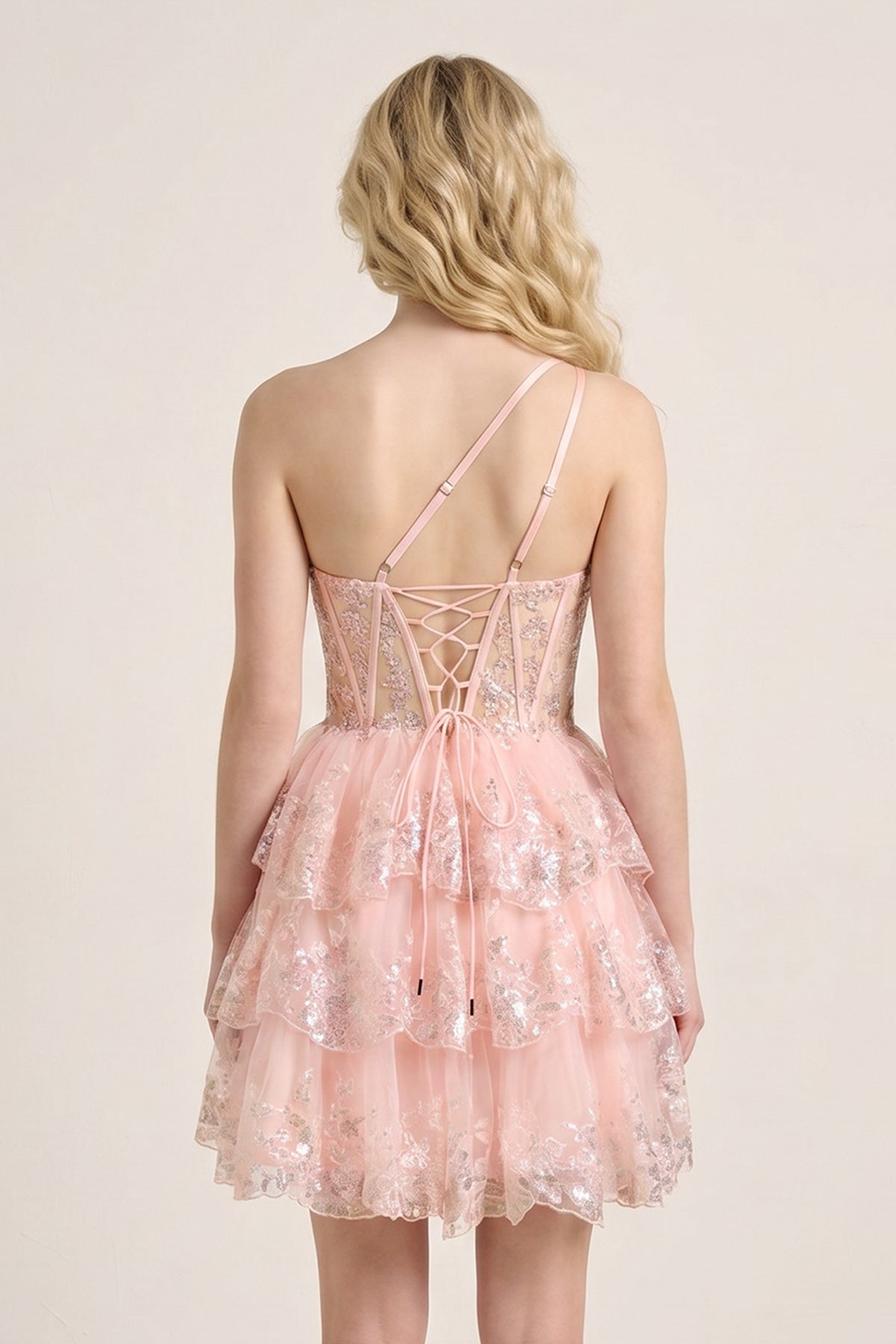 A Line One Shoulder Navy Tiered Lace Short Homecoming Dress