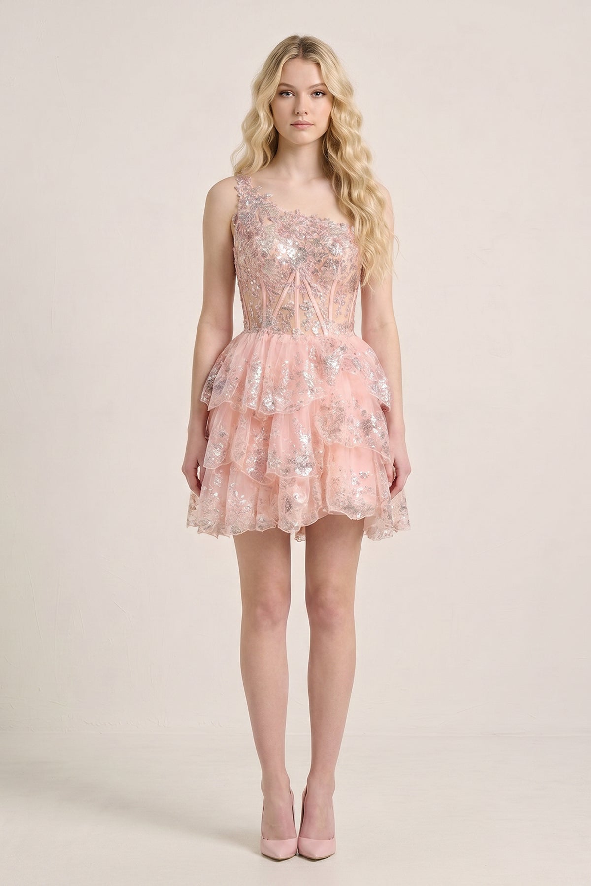 A Line One Shoulder Navy Tiered Lace Short Homecoming Dress