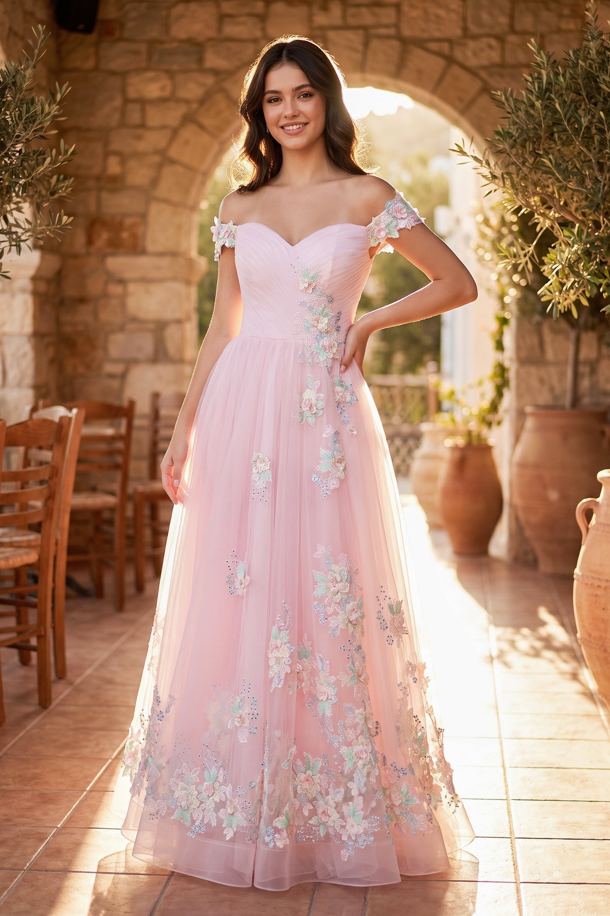 A Line off the shoulder Applique Tulle Floor Length Prom Dress