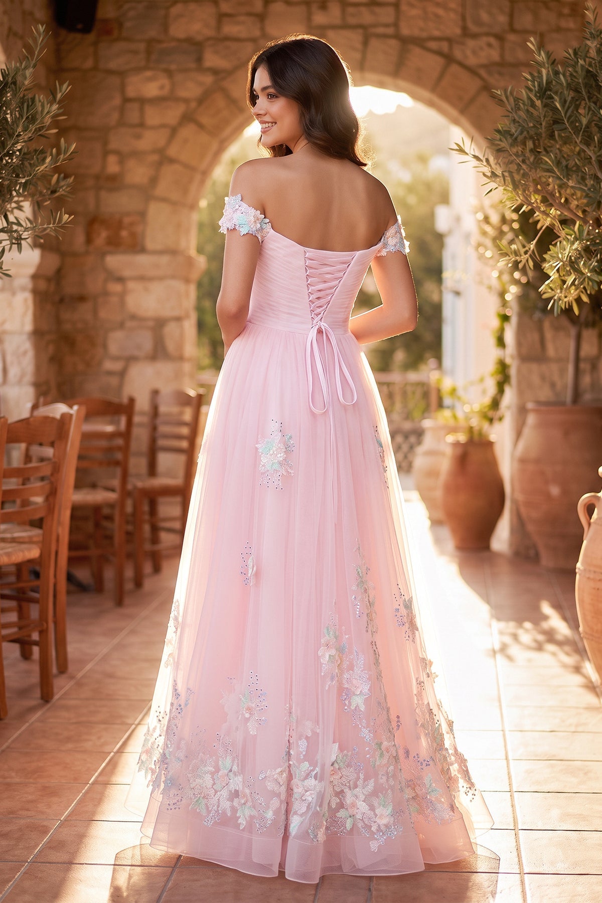 A Line off the shoulder Applique Tulle Floor Length Prom Dress