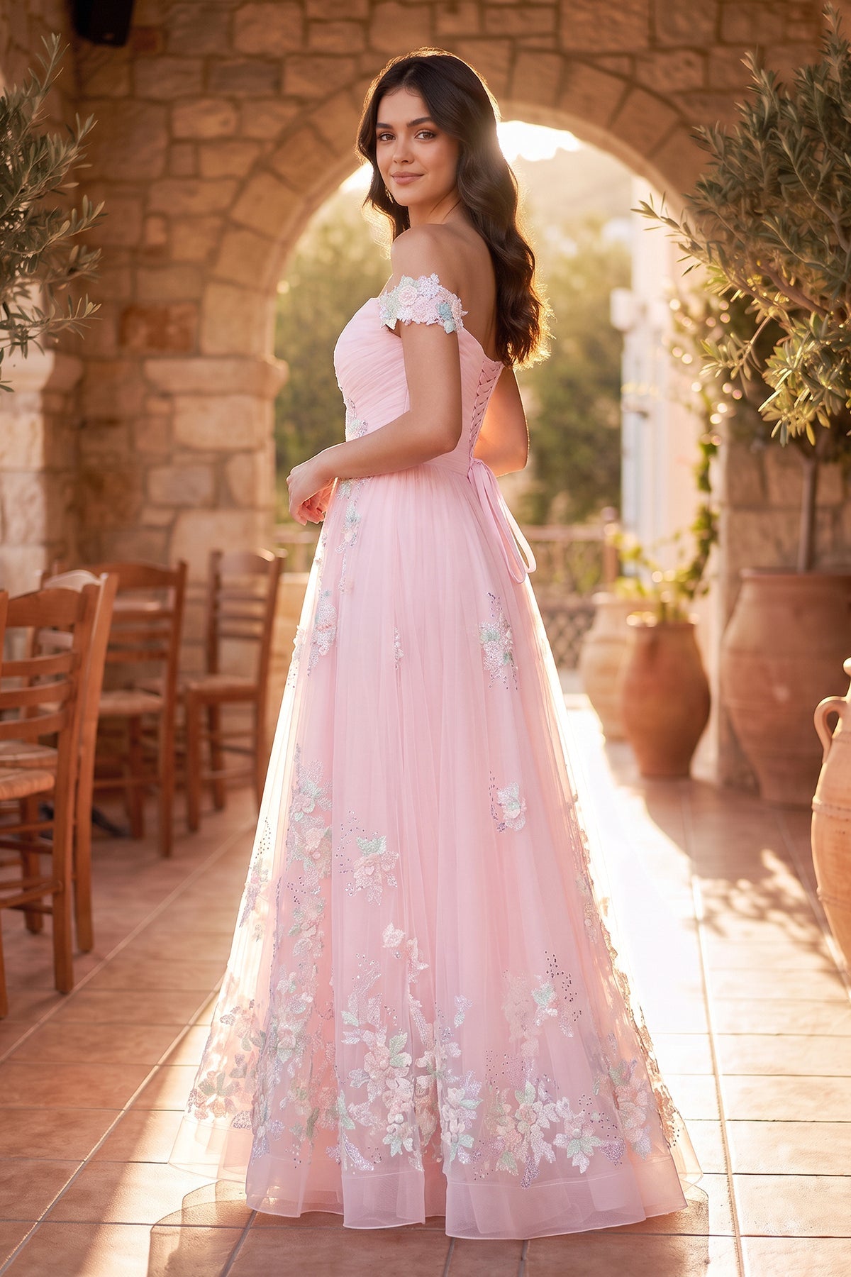 A Line off the shoulder Applique Tulle Floor Length Prom Dress