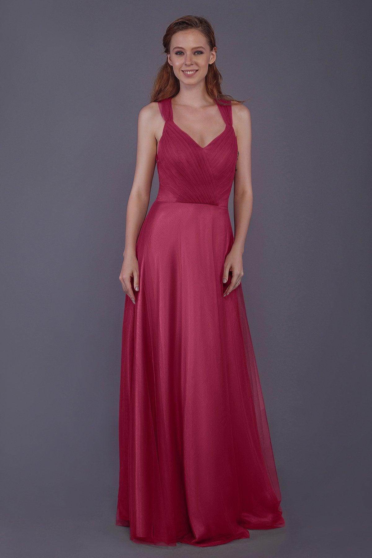 Sheath-Column Floor Length Tulle Bridesmaid Dress PR3496