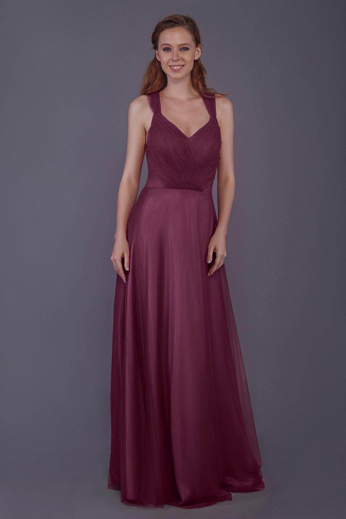 Sheath-Column Floor Length Tulle Bridesmaid Dress PR3496