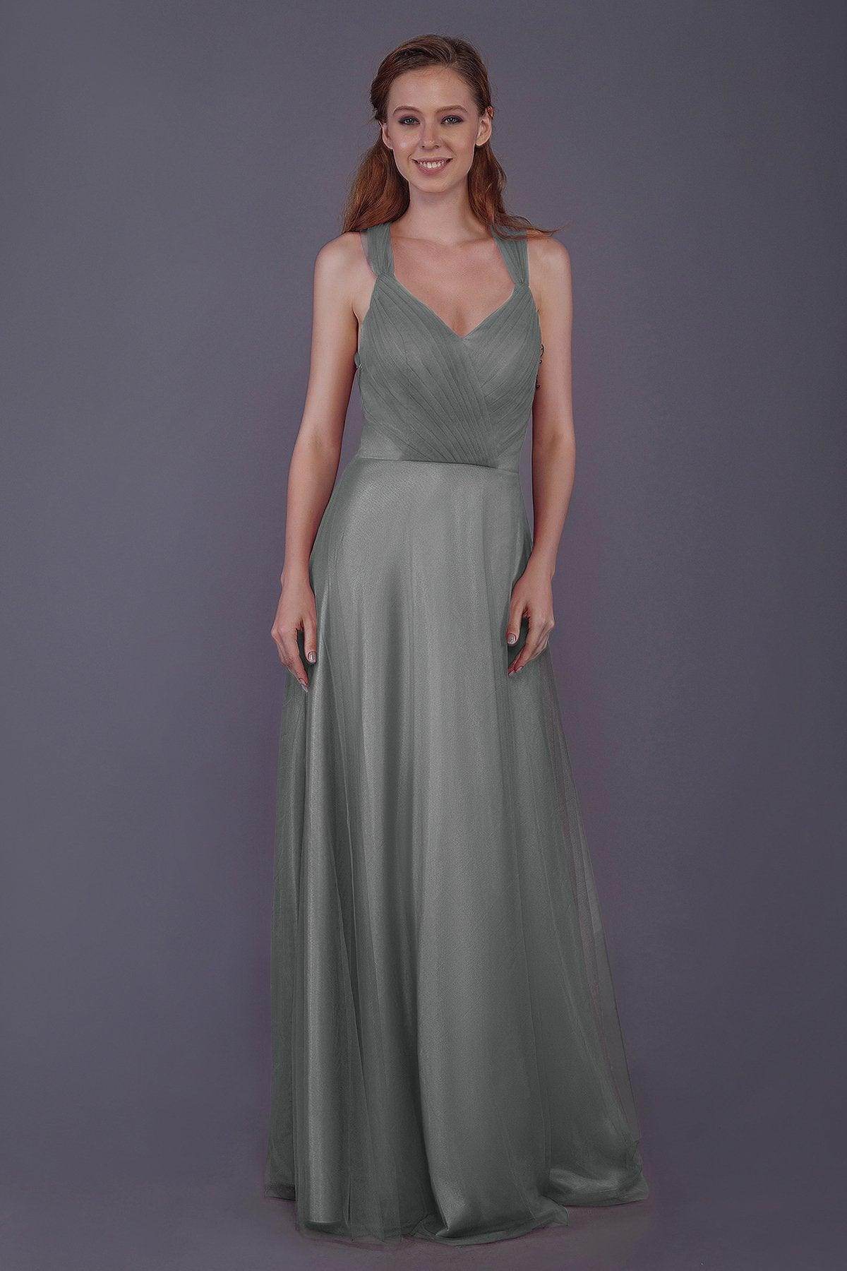 Sheath-Column Floor Length Tulle Bridesmaid Dress PR3496
