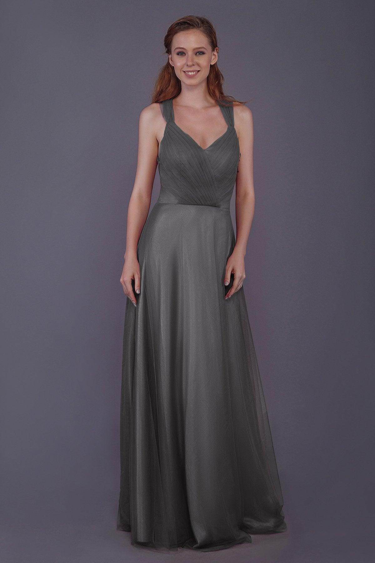 Sheath-Column Floor Length Tulle Bridesmaid Dress PR3496