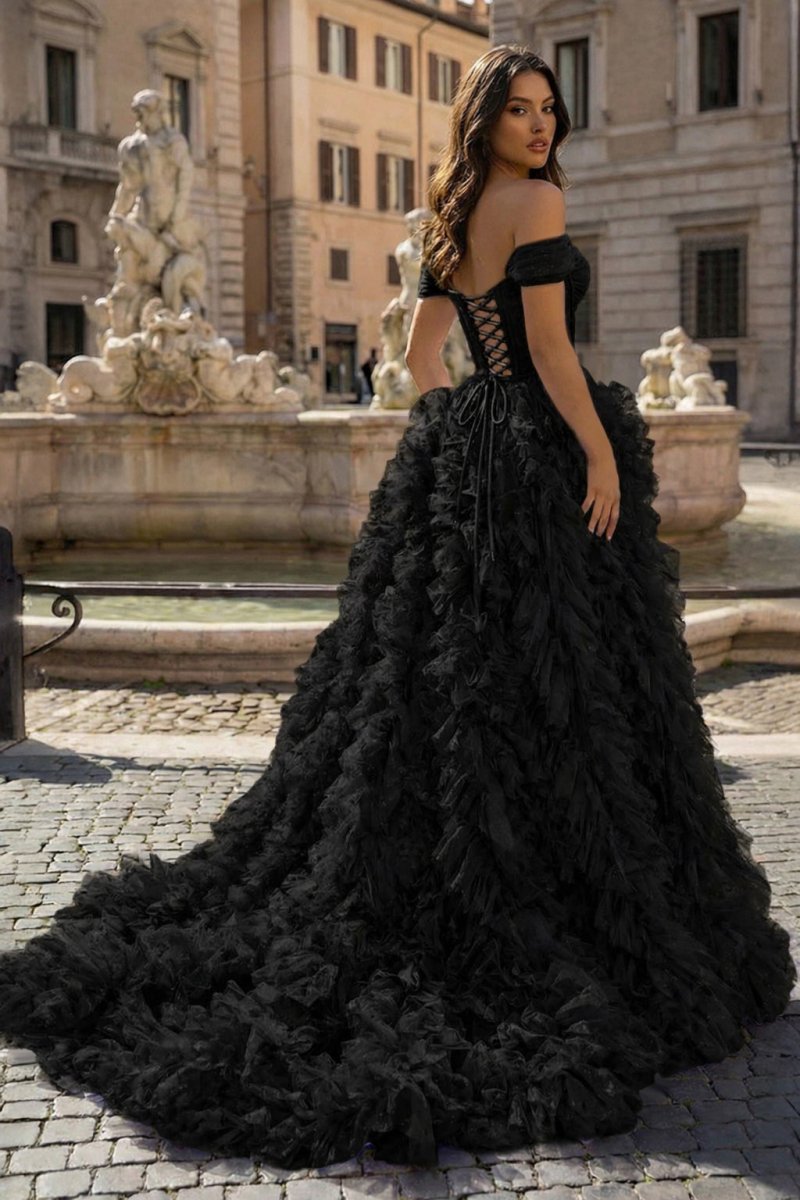 A Line Off the Shoulder Ruffled Tulle Prom Dress with Slit
