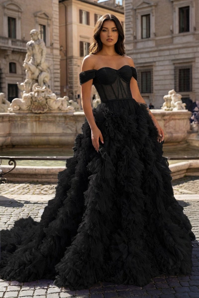 A Line Off the Shoulder Ruffled Tulle Prom Dress with Slit