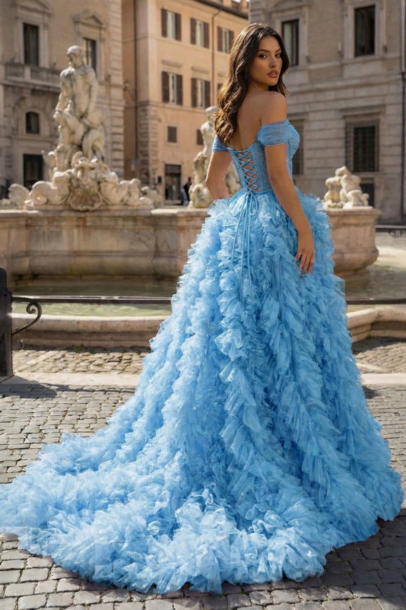 A Line Off the Shoulder Ruffled Tulle Prom Dress with Slit