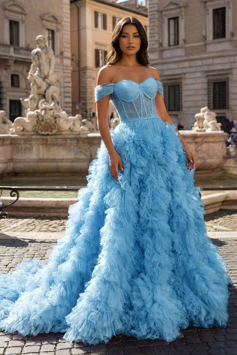A Line Off the Shoulder Ruffled Tulle Prom Dress with Slit
