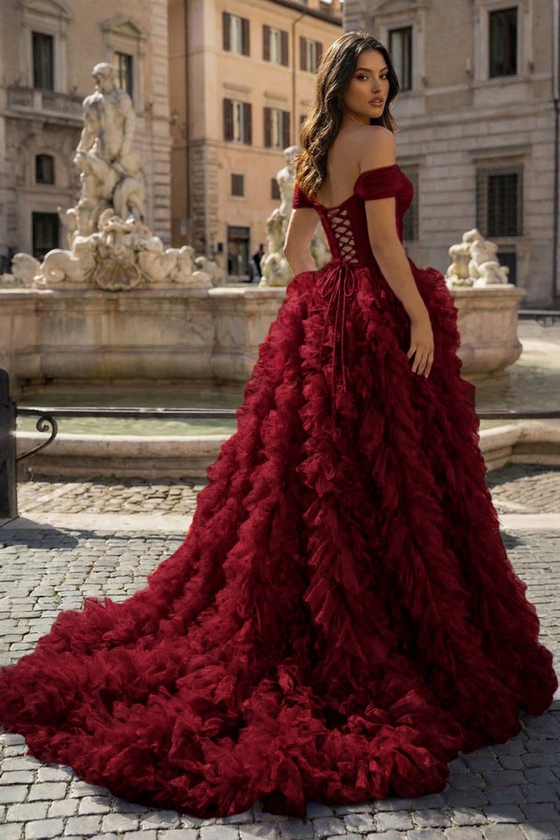 A Line Off the Shoulder Ruffled Tulle Prom Dress with Slit