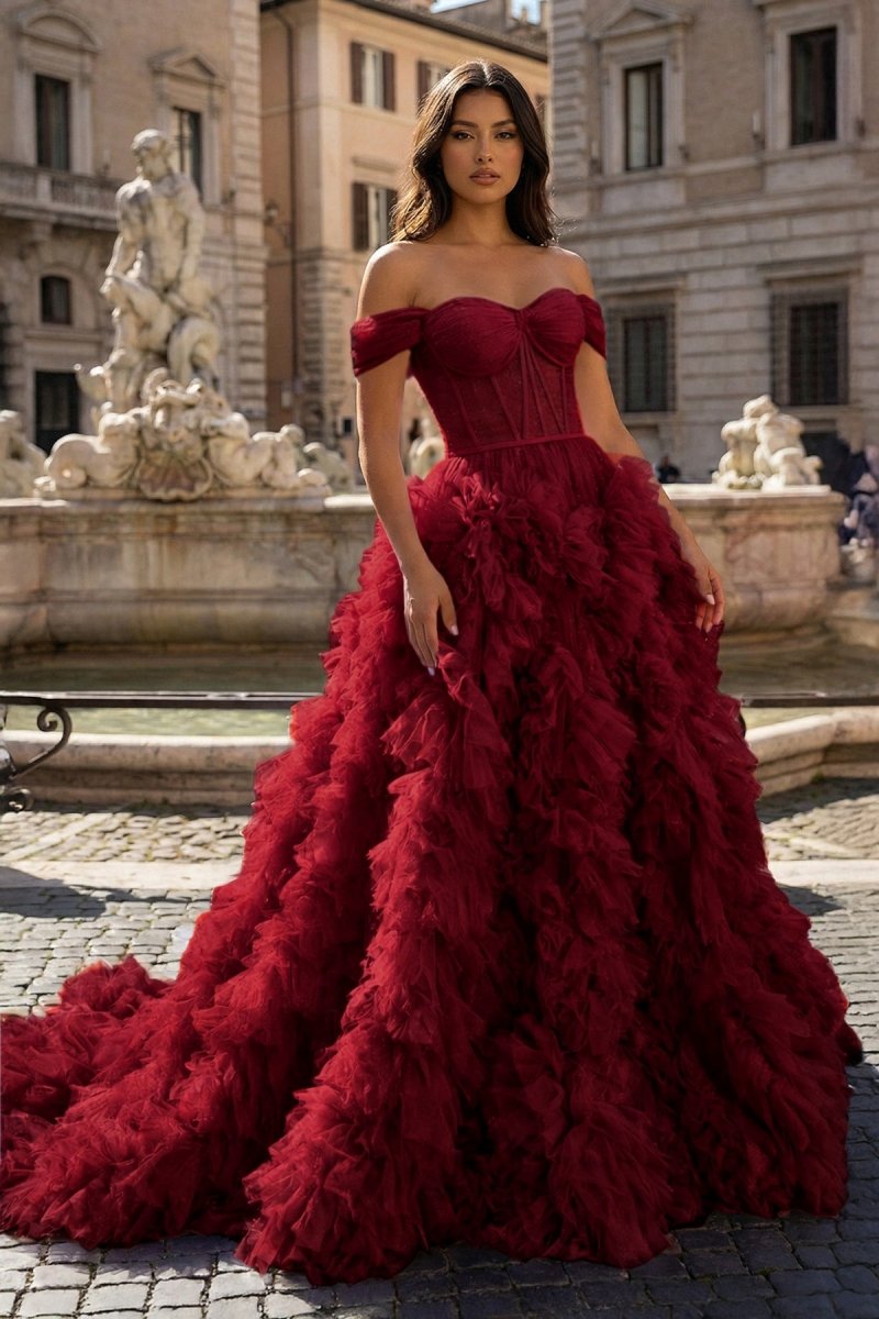 A Line Off the Shoulder Ruffled Tulle Prom Dress with Slit