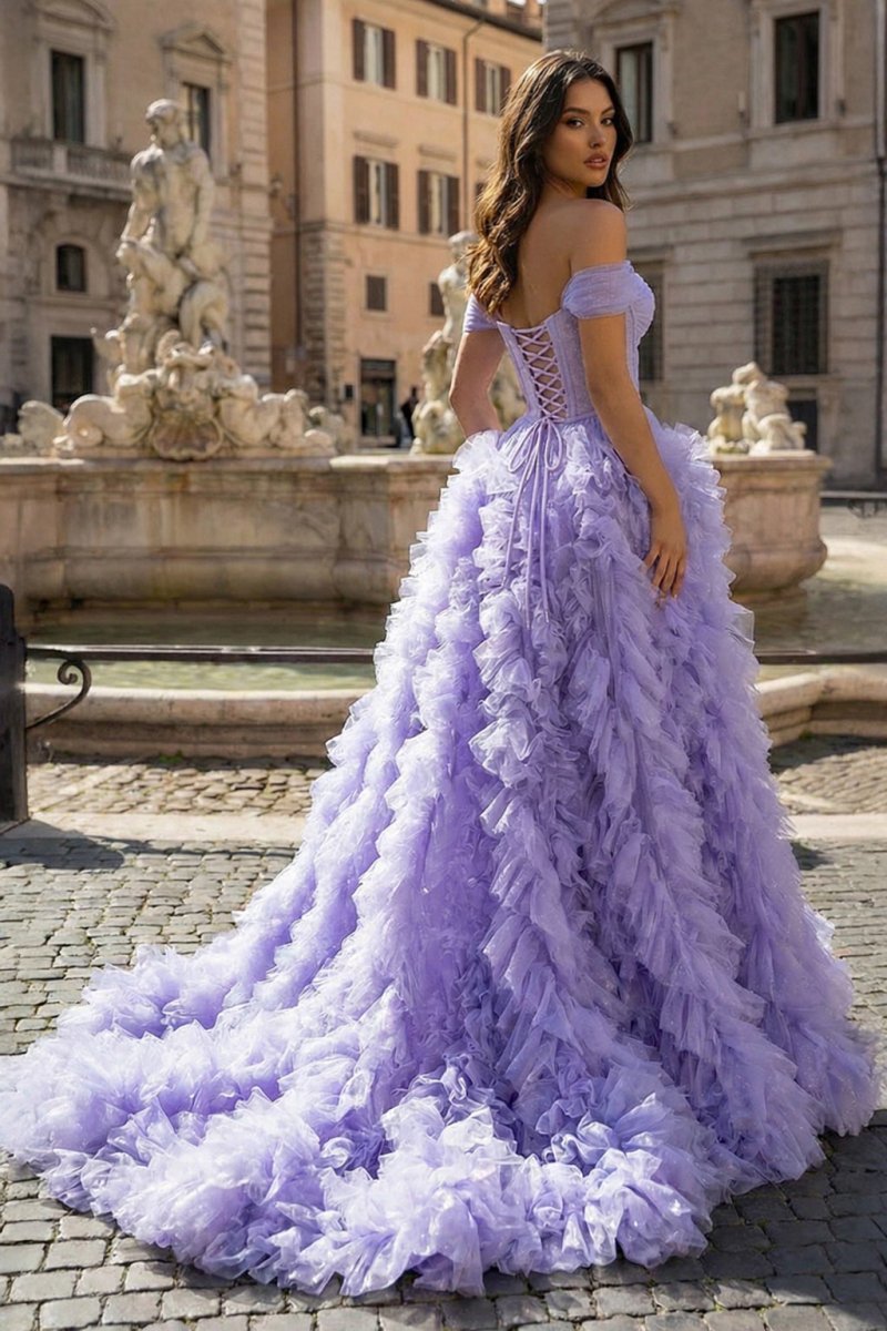 A Line Off the Shoulder Ruffled Tulle Prom Dress with Slit