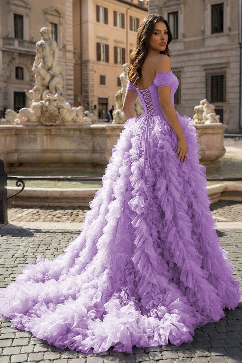 A Line Off the Shoulder Ruffled Tulle Prom Dress with Slit