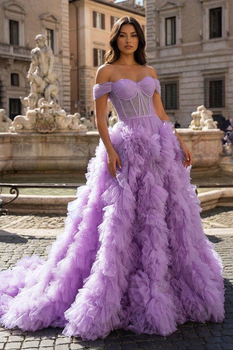A Line Off the Shoulder Ruffled Tulle Prom Dress with Slit