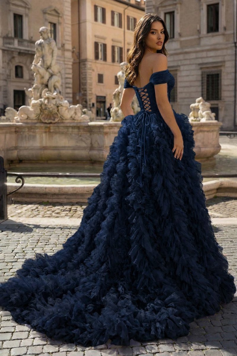 A Line Off the Shoulder Ruffled Tulle Prom Dress with Slit