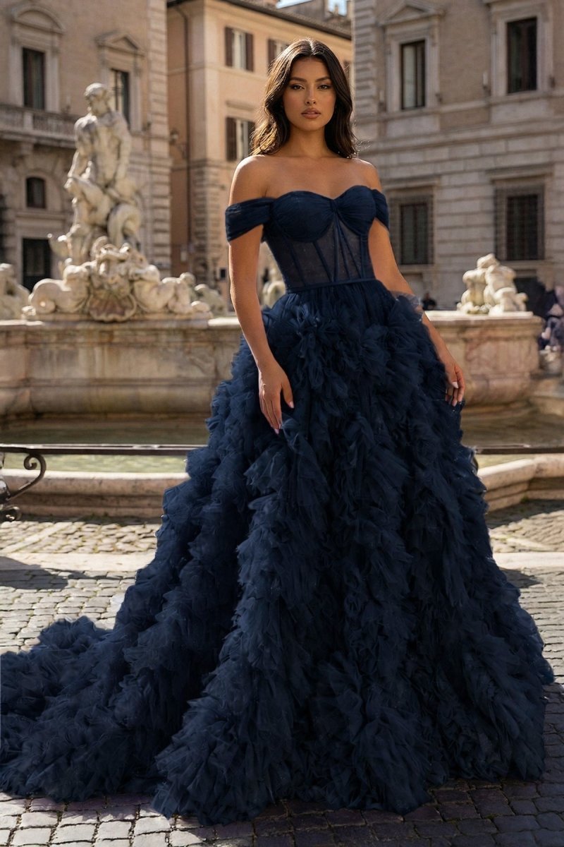 A Line Off the Shoulder Ruffled Tulle Prom Dress with Slit