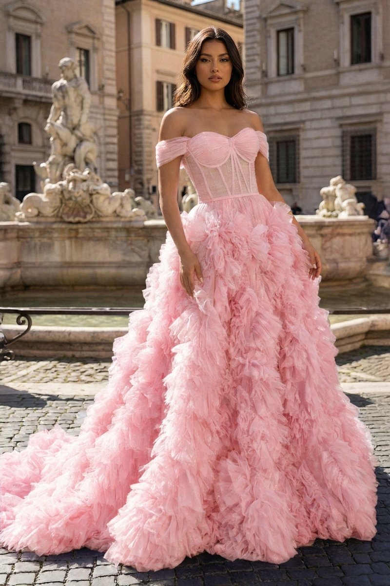 A Line Off the Shoulder Ruffled Tulle Prom Dress with Slit