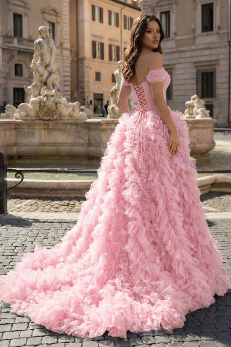 A Line Off the Shoulder Ruffled Tulle Prom Dress with Slit