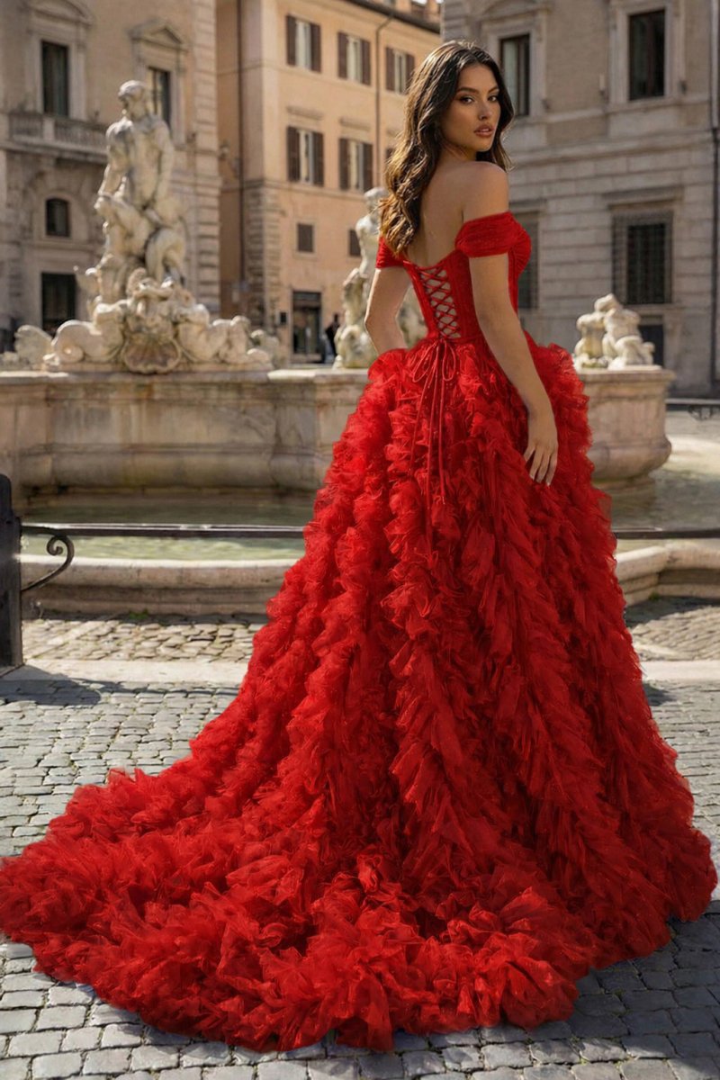 A Line Off the Shoulder Ruffled Tulle Prom Dress with Slit