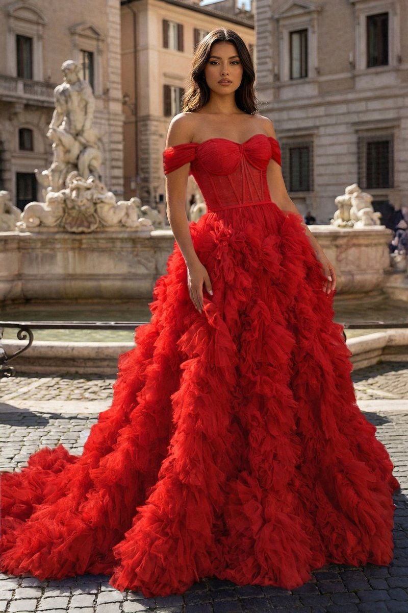A Line Off the Shoulder Ruffled Tulle Prom Dress with Slit