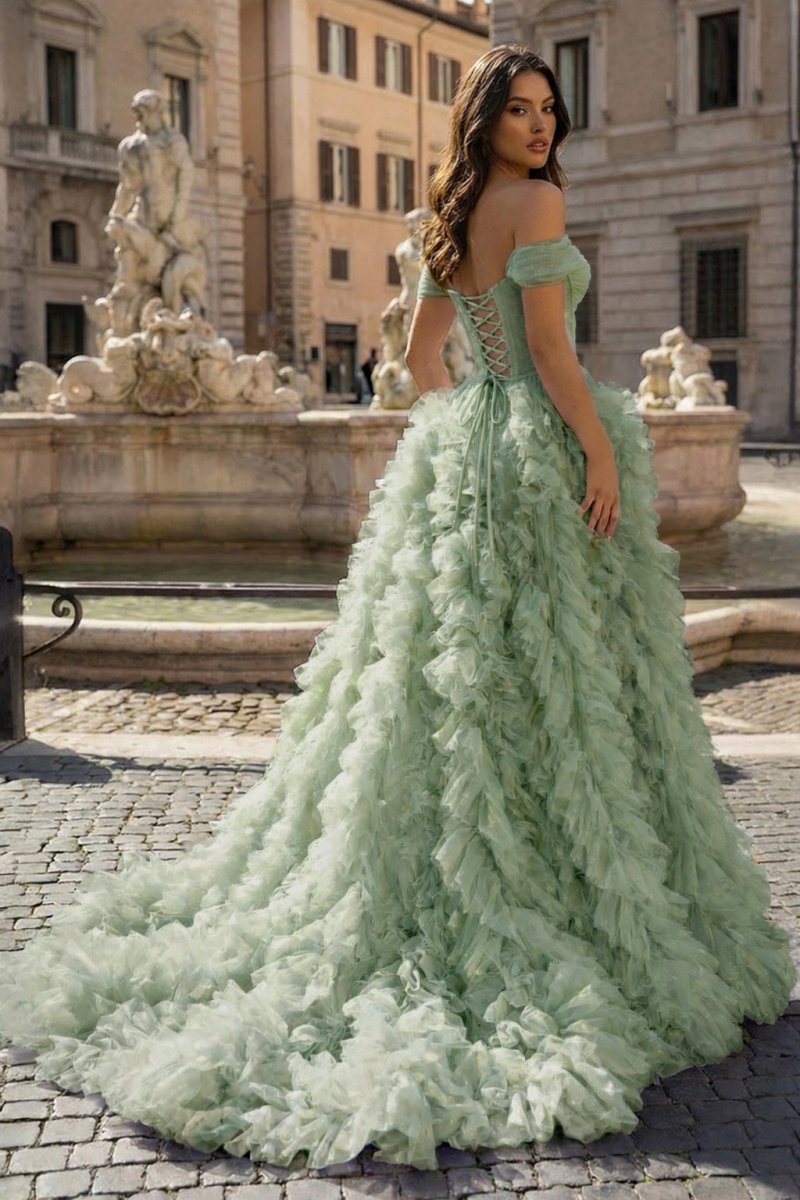 A Line Off the Shoulder Ruffled Tulle Prom Dress with Slit