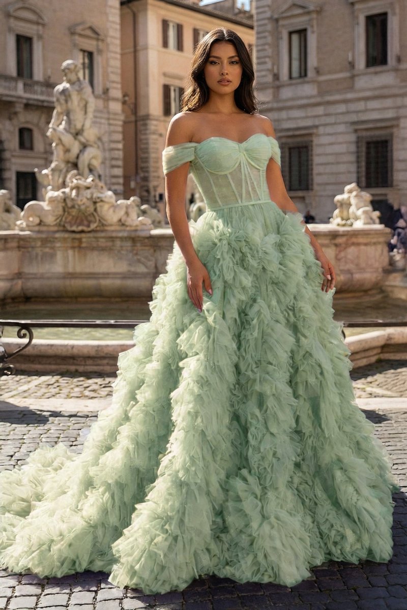 A Line Off the Shoulder Ruffled Tulle Prom Dress with Slit