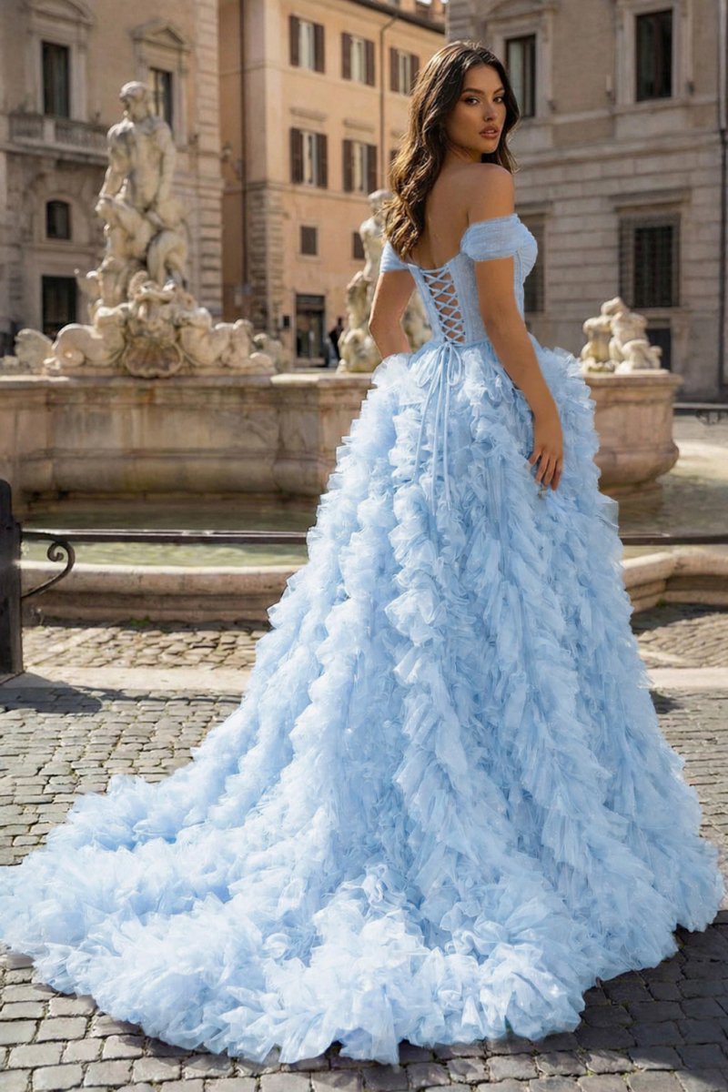 A Line Off the Shoulder Ruffled Tulle Prom Dress with Slit