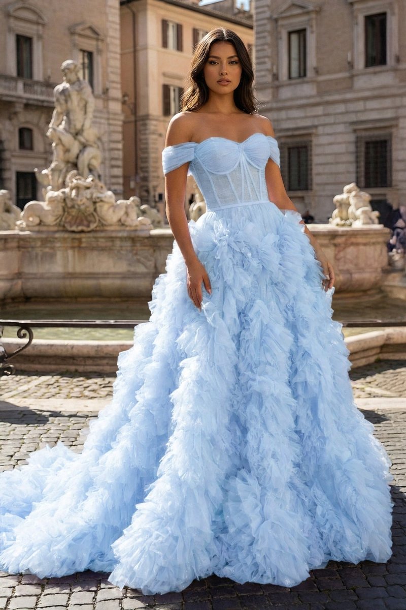 A Line Off the Shoulder Ruffled Tulle Prom Dress with Slit