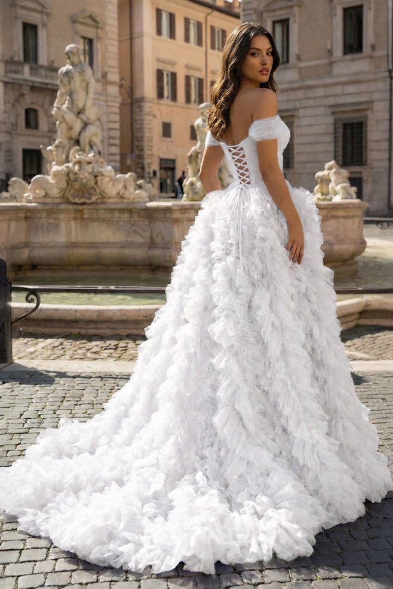 A Line Off the Shoulder Ruffled Tulle Prom Dress with Slit