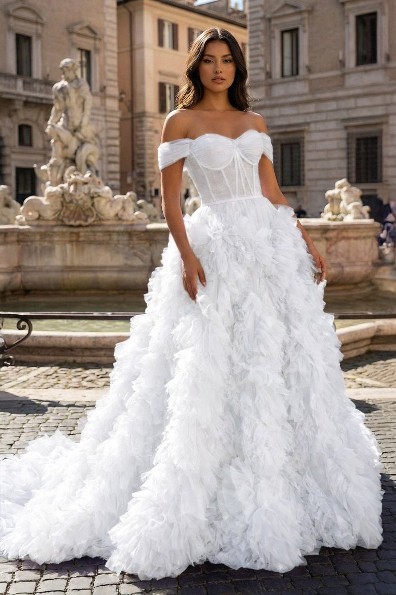 A Line Off the Shoulder Ruffled Tulle Prom Dress with Slit