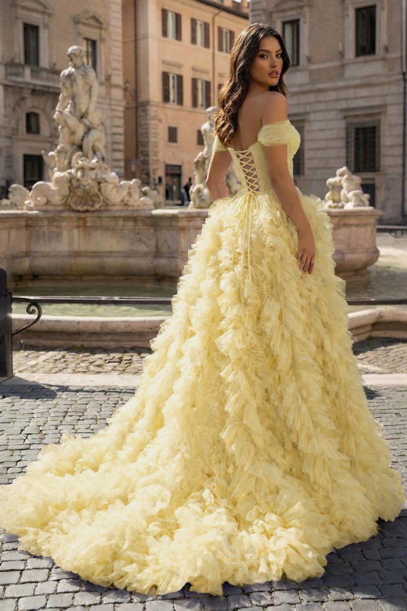 A Line Off the Shoulder Ruffled Tulle Prom Dress with Slit