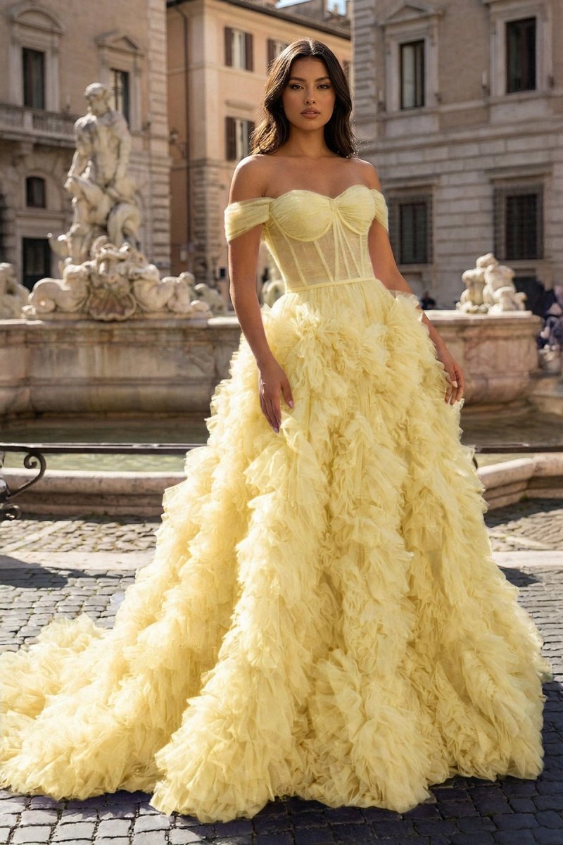 A Line Off the Shoulder Ruffled Tulle Prom Dress with Slit