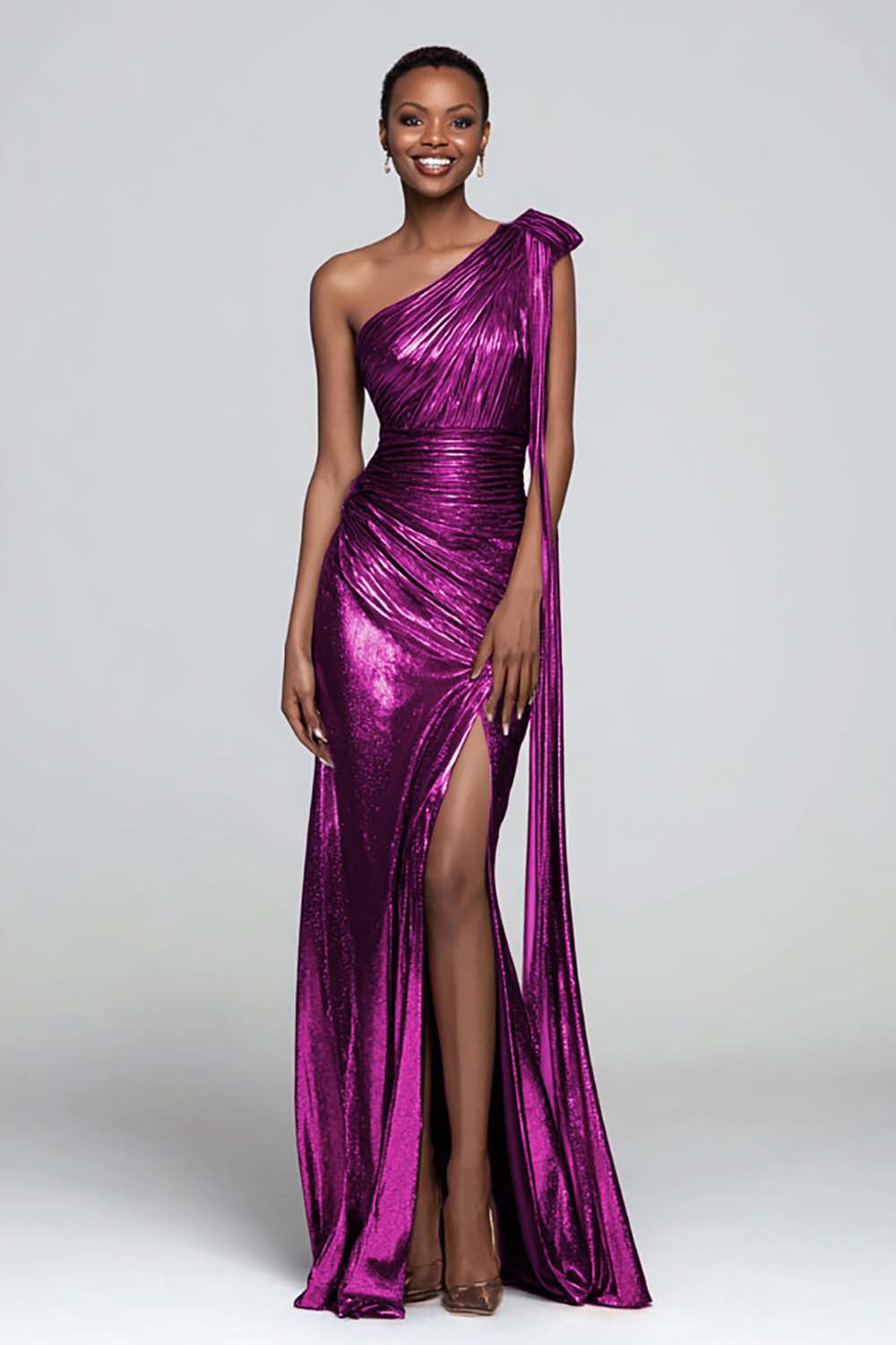 Sparkly Brown One Shoulder Metallic Mermaid Long Formal Dress with Slit