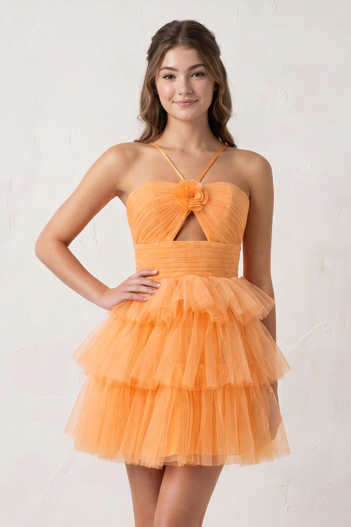 A Line Tulle Orange Keyhole Halter Short Homecoming Dress with Ruffles