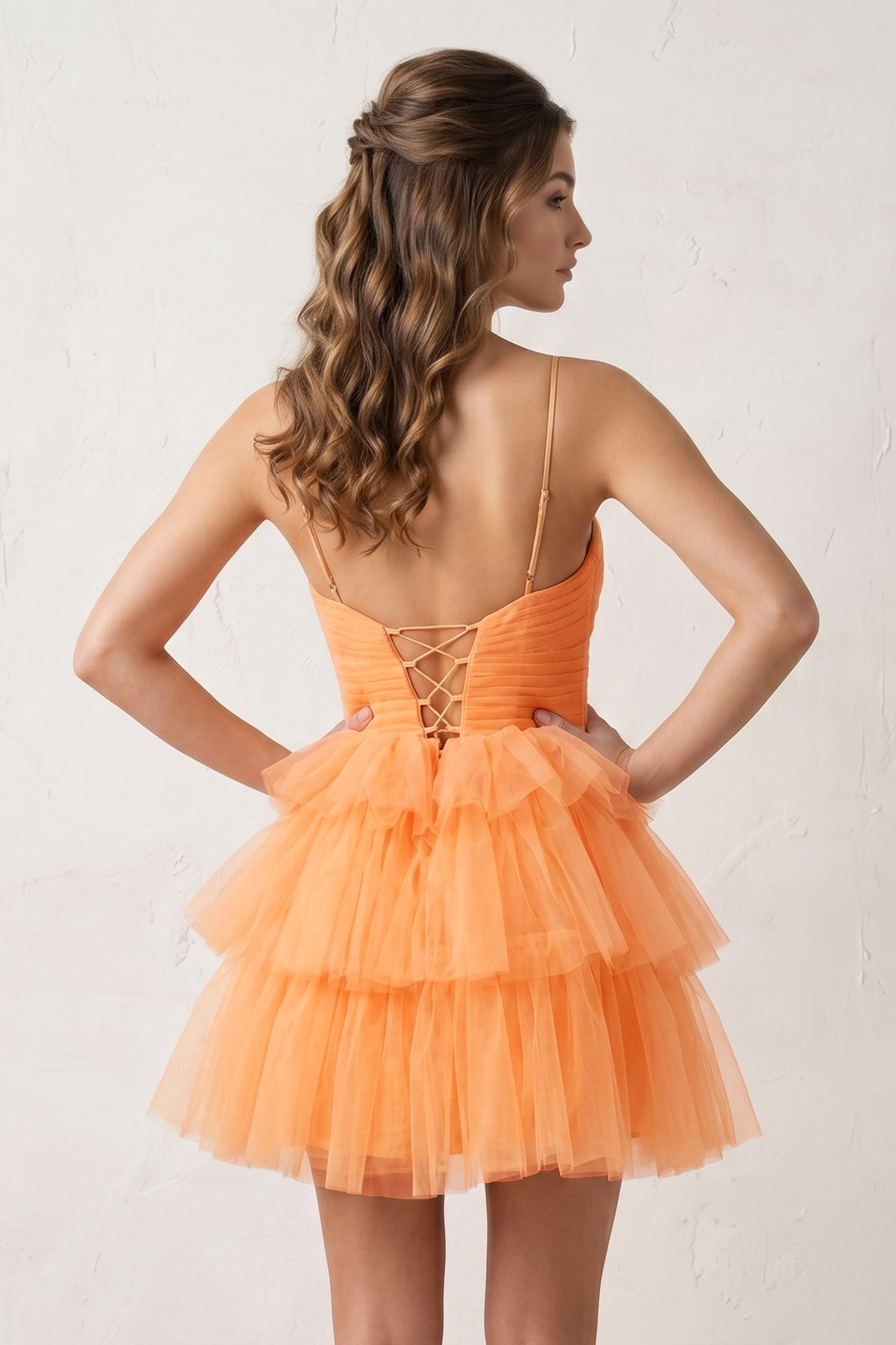 A Line Tulle Orange Keyhole Halter Short Homecoming Dress with Ruffles