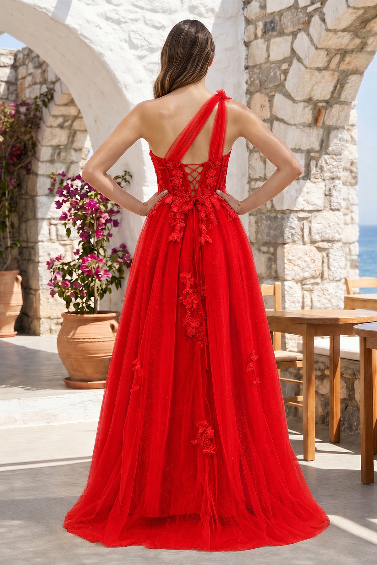 A Line One Shoulder Black Long Prom Dress with Appliques
